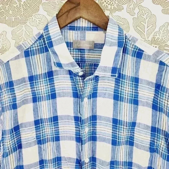 Toscana Firenze 100% Linen Button down Short sleeve Plaid Men's Shirt XL 7057 - Picture 3 of 8